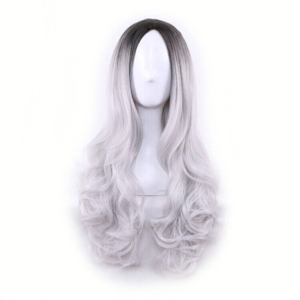 Silver 26" Synthetic Hair Full Wigs Natural Long Wavy Wig Heat Resistant